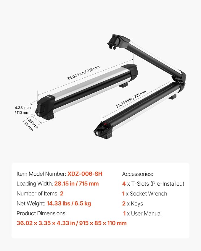 VEVOR Ski & Snowboard Roof Rack, Carry up to 4 Pairs of Skis or 2 Snowboards, 2 PCS Aluminum Universal Car Roof Rack Top Holder with Lock & Rubber Padding, Carrier for Fishing Rod, Fit Most Crossbars