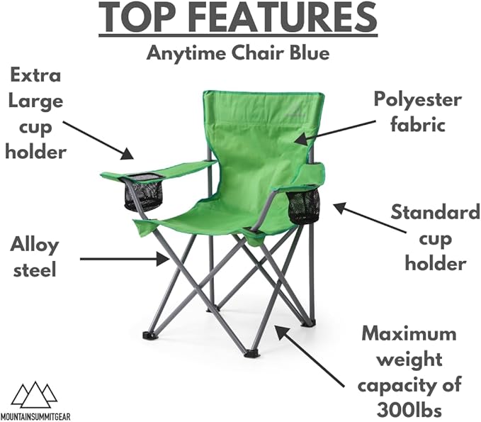 MOUNTAIN SUMMIT GEAR Anytime Chair for Camping, Sports, and The Outdoors w/Carry Bag, Camping Chairs for Adults, Folding Chair for Outside, (by Caddis Sports)