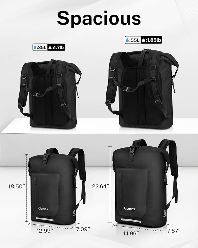 Gonex Ultralight Waterproof TPU Backpack, 55L Roll Top Dry Bag with Comfortable Padded Back Panel for Kayaking Boating Camping Fishing Travel,Black
