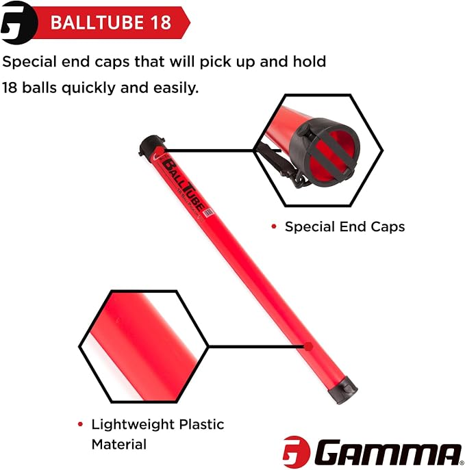 Gamma Sports Tennis Ball Tube Pickup – 18-Ball Capacity with Carry Strap and Durable Rubber End Caps with Fence Clips – Quick Court Cleanup Tool for Players, Coaches & Instructors
