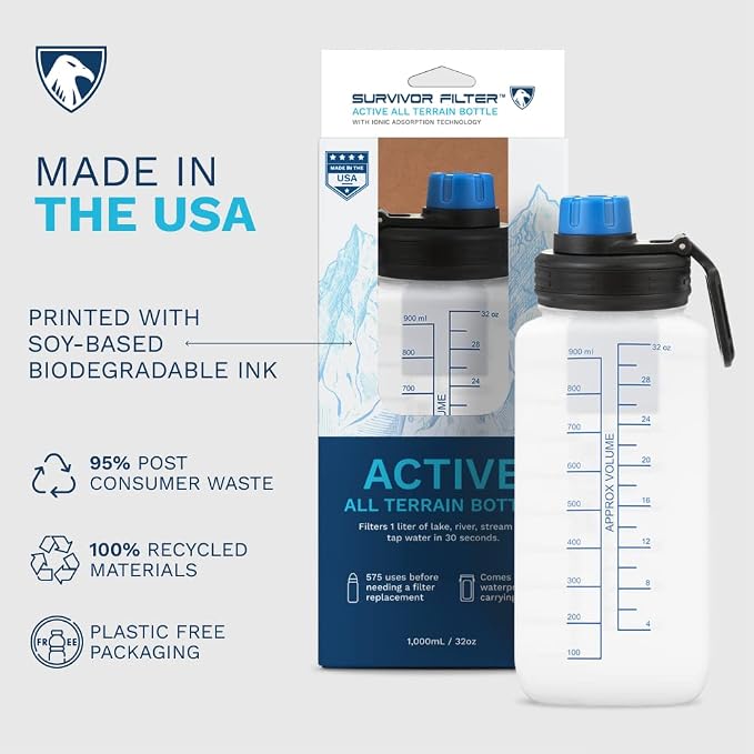 Survivor Filter Bottle - USA Made - Water Purification - Neoprene Case - For Hiking/Camping/Running