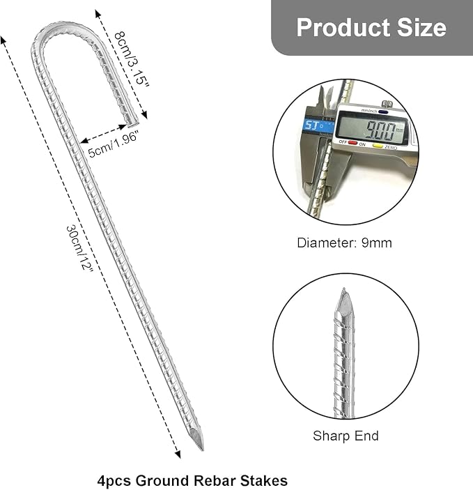 8 Pack Rebar Stakes 12 Inch, Heavy Duty Galvanised Steel Rebar Ground Stakes, Fence Anchors, Ground Stakes with Hook, Ground Blind Stakes for Marquees, Gazebos, Tents, Trampolines, Camping