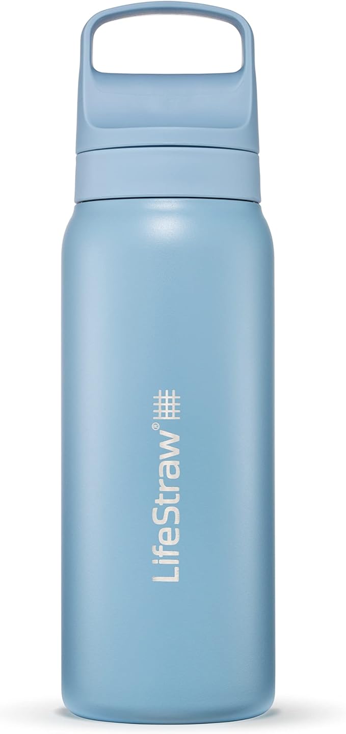 LifeStraw Go Series — Insulated Stainless Steel Water Filter Bottle for Travel and Everyday Use Removes Bacteria, Parasites and Microplastics, Improves Taste, 24 oz, Icelandic Blue