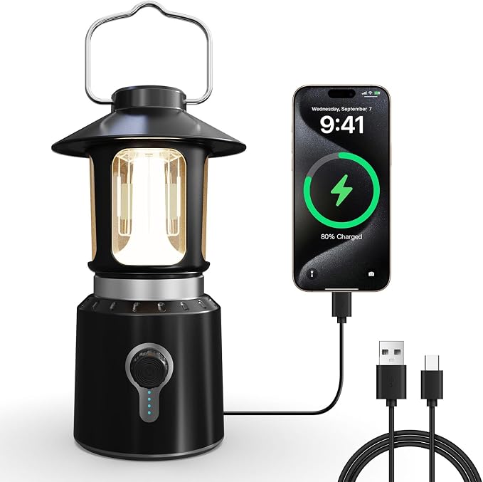 LED Camping Lantern, 8000mAh Telescopic Vintage Rechargeable Lantern, Dual Light Source & 3 Light Modes (2000K-6500K), 360° Lighting Emergency Lights for Camping, Home Power Outage, Hurricane, Hiking