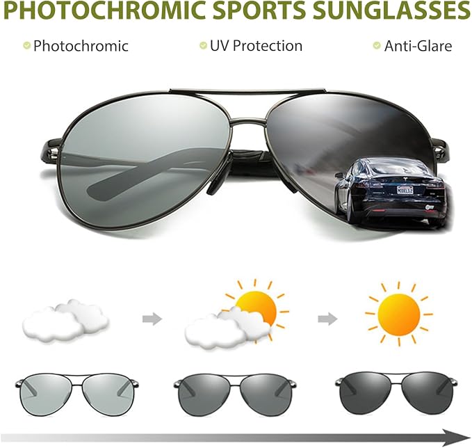 Polarized Photochromic Sports Sunglasses for Men UV-Protection Day & Night Driving Glasses - Al-Mg Metal Ultralight