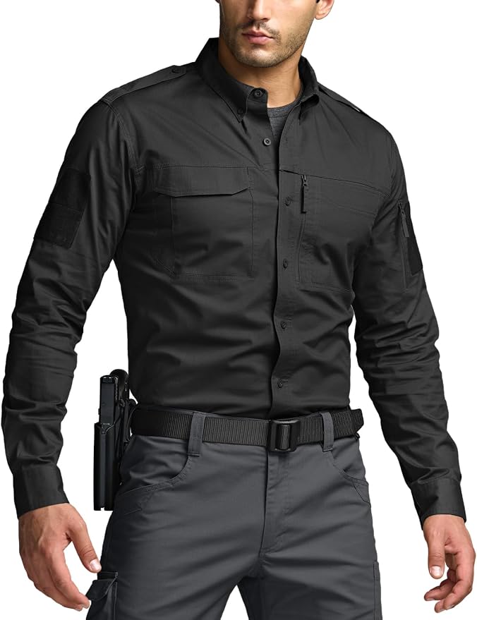 CQR Men's Long Sleeve Tactical Shirts, Ripstop Military Work Shirts, UPF 50+ Breathable Button Down Outdoor Hiking Shirt