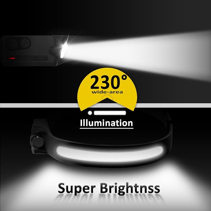 LED Headlamp Rechargeable with Motion Sensor USB Head Lamp Band with 230°Beam 5 Modes 350 Lumen Headlight Ultra Bright Head light Flashlight for Adults & Kids Outdoor Camping Hiking Running Travel