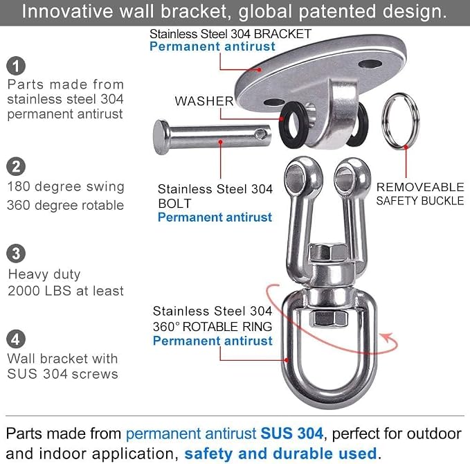 SELEWARE Ceiling Swing Mount Stainless Steel Swing Hangers Free Swivel Swing Hooks for Yoga Swing Indoor Outdoor Swing Set Porch Swing Chair Punching Heavy Bag 2000 lbs Capacity 4 Pack