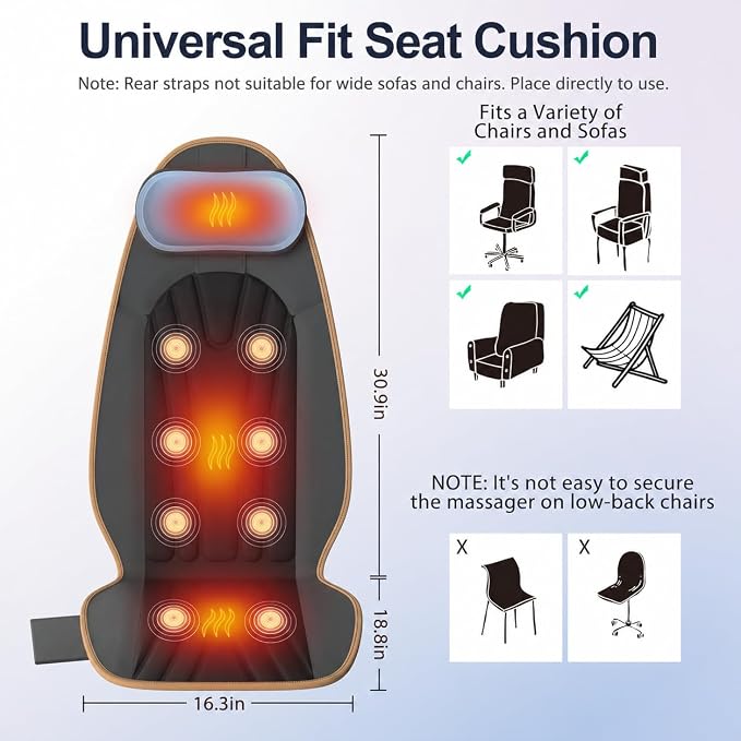 SLOTHMORE Massage Seat Cushion, Vibration Back Massager with Heat, Massage Chair Pad with Adjustable Neck Pillow, Neck/Back/Hip Heating, 8 Vibration Motors, Father Day Gifts