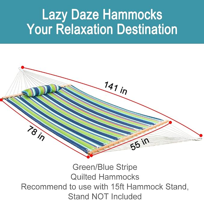 Lazy Daze 12 FT Quilted Fabric Double Hammock with Spreader Bars and Detachable Pillow, 2 Person Hammock for Outdoor Patio Backyard Poolside, 450 LBS Weight Capacity, Green/Blue Stripe