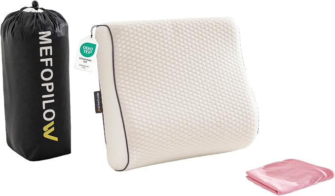 Memory Foam Travel Pillow with Washable Cover & Carry Bag – Compact, Soft & Breathable Neck Pillow for Airplane, Camping & Car (White- with Extra Pink Cotton Cover, 13.8x11.8x3.9/3.1 inches)
