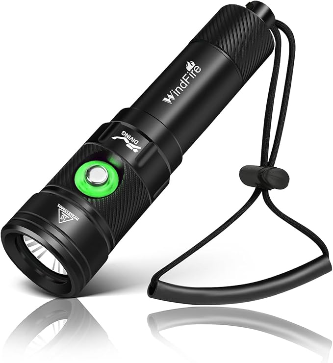 WindFire Dive Lights Scuba Diving Flashlight, IP68 Waterproof 262 ft Underwater Flashlight, Rechargeable Snorkeling Spotlight Torch with 4 Modes & Power Indicator for Night Diving, Caving
