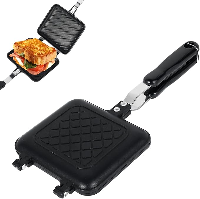 Double Side Sandwich Maker Camping Toastie Grilled Panini Maker Pan with Non-Stick Plates Aluminum Flip Cheese Makers Frying Pan Sandwich Toaster Press Waffle Makers for Kitchen Breakfast Camp