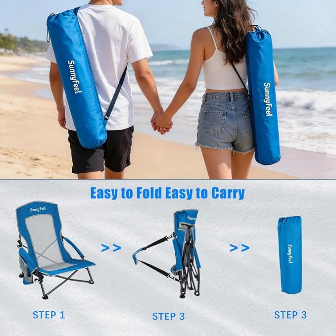 SUNNYFEEL Folding Low Beach Chair 2 Pack - Lightweight Portable Lawn Chair with Mesh Back & Cup Holder, Sand Chair Load up to 300lbs for Outdoor/Travel/Picnic/Concert