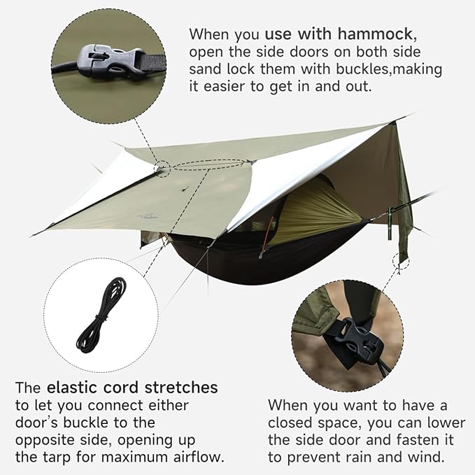 Ultralight Tarp, 14ft Hammock Rain Fly Lightweight Waterproof Camping Tent Tarp with Doors, Bushcraft Tarp Shelter for Backpacking Hiking Camping