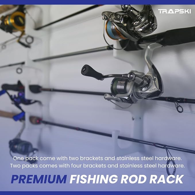 TRAPSKI Made in The USA Fishing Rod/Pole Holder Rack Organizers | Wall or Boat Mounting Fishing Rod Rack | Marine Grade HDPE Plastic | Pole Holder for up to 8 Rods | Stackable - 2 Pack
