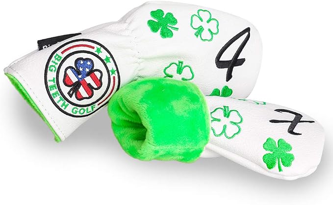 Big Teeth Golf Cover Lucky Clover Headcover Covers, Driver Fairway Wood Hybrid Headcovers Fits Blade Mallet Putter Iron and Woods with Magnetic White Shamrock Head Club Protector Leather