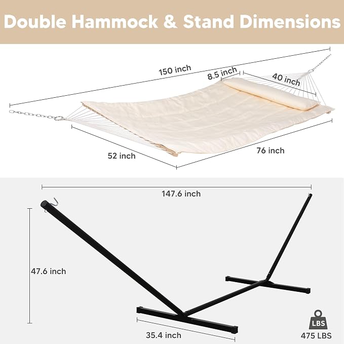 SUNCREAT Two Person Hammock with 12ft Stand Included, Max 475lbs Capacity, Heavy Duty Free Standing Hammock, Beige