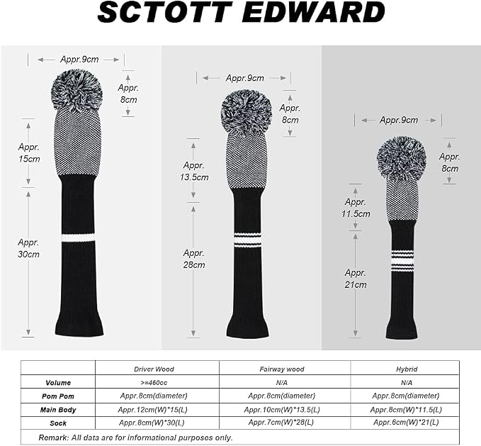 Scott Edward Knit Wood Golf Club Head Covers 4 Pieces Knitted Item Fit Over Well Driver Wood(460cc) Fairway Wood and Hybrid(UT)