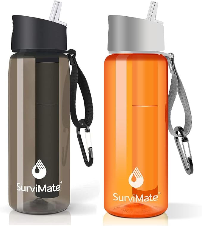SurviMate Purified Water Bottle for Camping, Hiking, Backpacking and Travel, BPA Free with 5-Stage Intergrated Filter Straw