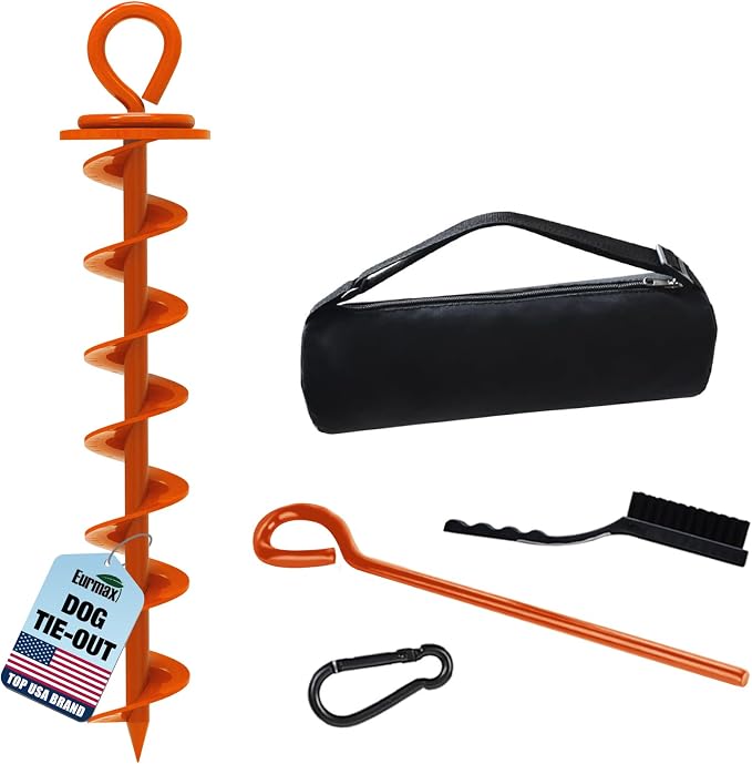 Eurmax USA Heavy Duty Dog Tie Out Stake, No-Tangle In Ground Anchor Runner for Large Dogs up to 210 Lbs - Perfect for Yard, Beach and Camping (Large,Orange)