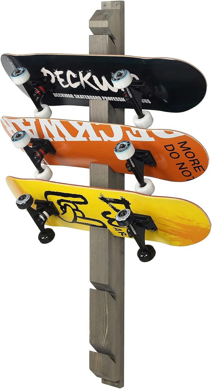 MyGift Modern Wall Mounted Rustic Burnt Solid Wood Skateboard Display Rack, Hanging Longboard Storage Organizer with Diagonal Cutout Slots, Holds 6 Boards