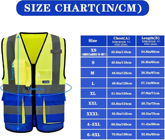 4XL 5XL Yellow Blue High Visibility REFLECTIVE WORK Safety Vest with zipper Reflective Strips 7 Pockets