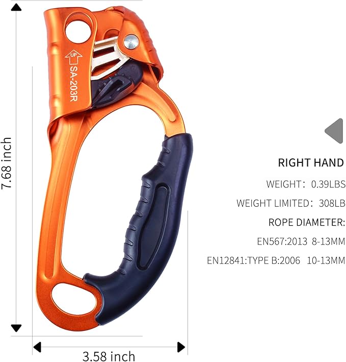 UIAA & CE Certified Climbing Rappelling Equip Hand Ascender Left Right Hand for 8-13mm Rope 4kN