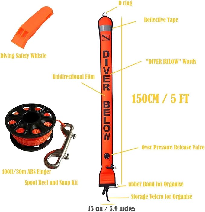 Diving Surface Marker Buoy Set SMB 5ft High Visibility Inflatable Scuba Signal Tube Safety Sausage with 100ft Diving Spool Reel and Clip