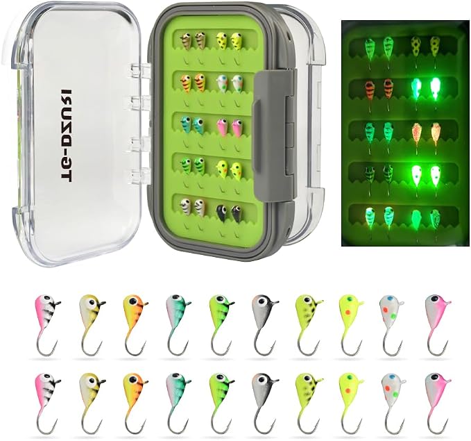 Tungsten Ice Fishing Jigs Kit, 3.2/4/5mm Glow in Dark Tear Drop Ice Fishing Lure Jigs with Waterproof Two-Sided Jig Box Assortment 20/24/30