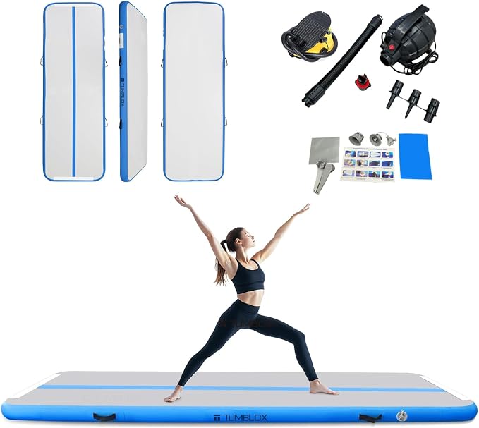 Air Gymnastics Mat Inflatable & Tumbling Mat – 4/8 Inches Thick with Electric Pump + Free Foot Pump – Ideal for Home, Gym, Water, and Beach Use