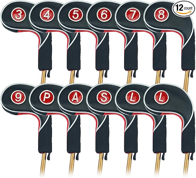 Craftsman Golf 12pcs Golf Iron Putter Head Covers Headcover Set Black & Red Fit All Brands Callaway, Ping, Taylormade, Cobra, Etc.