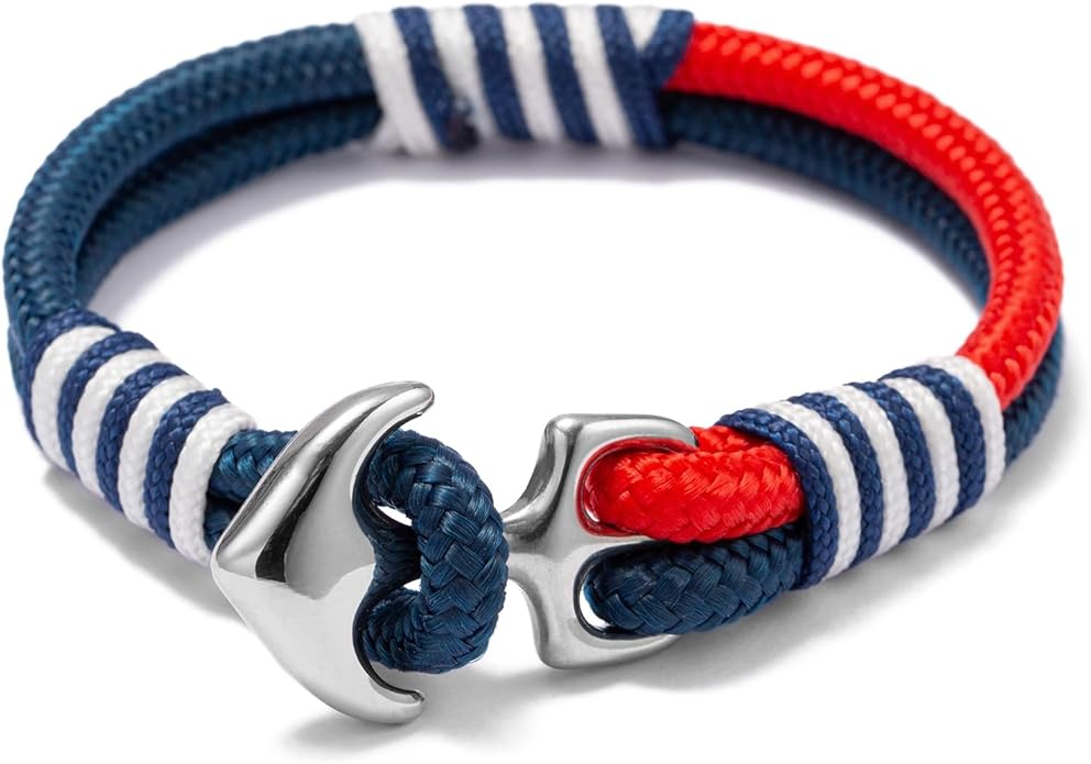Men's Nautical Anchor Cuff Bracelet, Handmade Black & Blue Stainless Steel Rope Wristband with Lobster Claw Clasp