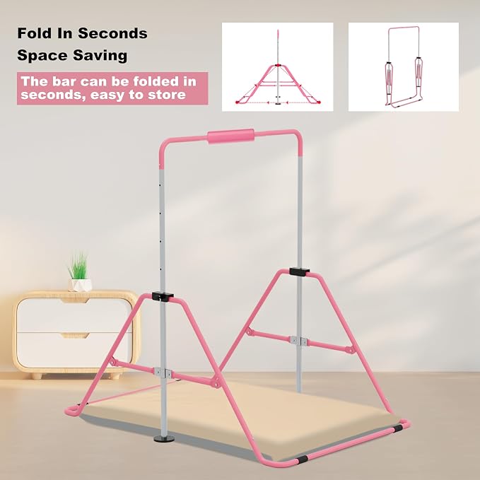 Gymnastics Bar with Self-Inflating Mat for Kids, Adjustable Height Gymnastic Horizontal Bars with Mat, Folding Gymnastic Training Monkey Bars, Junior Expandable Training Kip Bar for Home