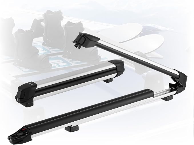 VEVOR Ski & Snowboard Roof Rack, Carry up to 4 Pairs of Skis or 2 Snowboards, 2 PCS Aluminum Universal Car Roof Rack Top Holder with Lock & Rubber Padding, Carrier for Fishing Rod, Fit Most Crossbars