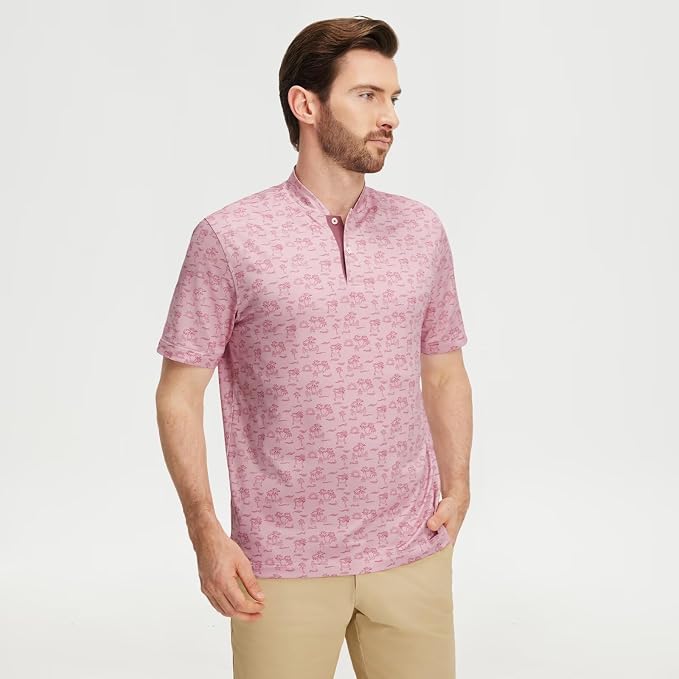 M MAELREG Golf Shirts for Men Collarless Performance Dry Fit Stretch Henley Casual Printed Mens Polo Shirts Short Sleeve