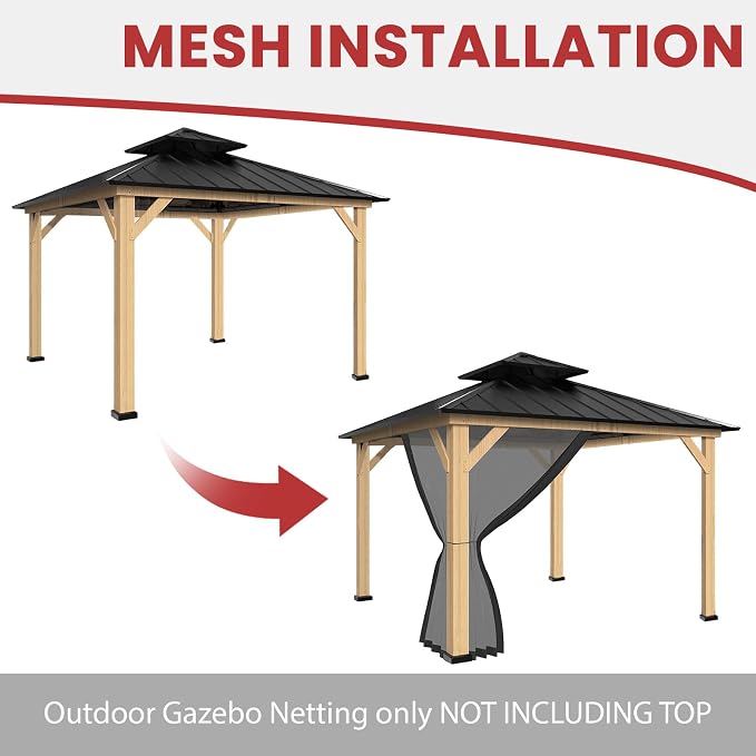 Coastshade Gazebo Canopy Mesh Walls Replacement 8x8 Gazebo Pergola Mosquito Screen Netting for Gazebos with 42Curtain Rings & 42Rail Hooks,Black