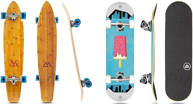 Magneto 44" Bamboo Longboard and 27.5" x 7.75" Maple Double Kick Skateboards for Beginners, Teens & Adults