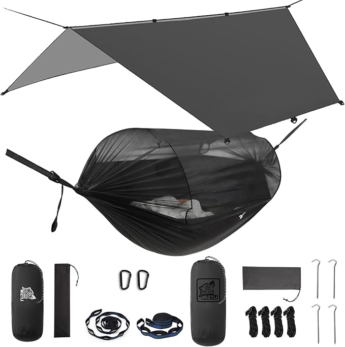 Miztli Camping Hammock with Net & Rain Fly All-in-1 - Double & Single Portable Hammock Ripstop Nylon, Complete Kit w/Adjustable Tree Straps for Backpacking, Outdoor, Travel