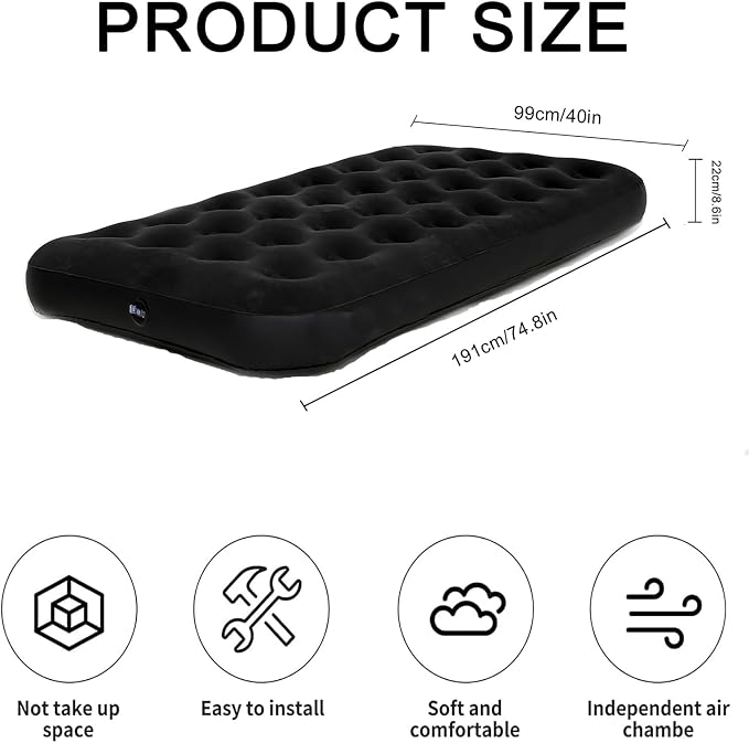 Onirii Twin Size Single Camping Air Mattress Bed with Air Pump | 75"x 39"Thickened Portable Inflatable Mattress Blow Up Air Mattress,Travel Sleeping Bed Pad for Camping Home Hiking(Black)