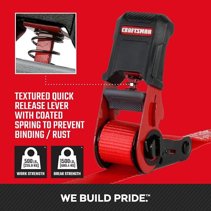 CRAFTSMAN CMXAZBS15004 Black/Red 1" x 12' Ratchet Tie Down Straps - Light/Mid-Weight Duty (1500 lb Break Strength), 4 Pack