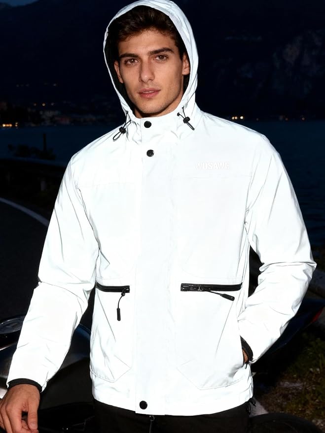 WOSAWE Men Reflective Jacket Night Glowing Bomber Jacket MTB Cycling Windbreaker Travel Sport Coat