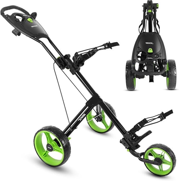 JOVIAL Foldable 3 Wheel Junior Golf Push Cart, Lightweight Aluminum Pull Cart with Deluxe Scorecard Holder, Adjustable Handle, Quick Brake System, Compact Folding Golf Trolley with Strap Support