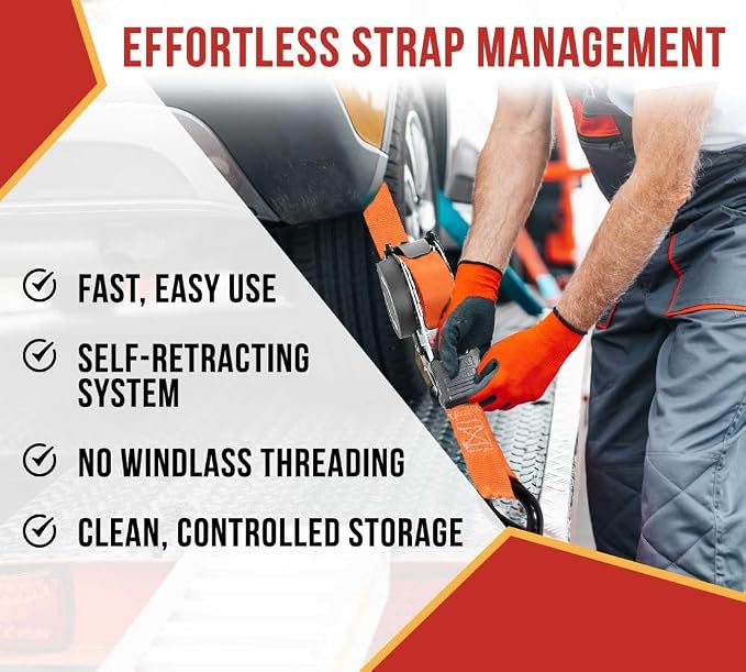 Mytee Products 4 Pack 1''x10' Bolt on Orange Retractable Ratchet Straps for Cargo - Coated S Hook Auto Retract Ratchet Straps - Self Ratcheting Strap for Boat Tie Down to Trailer & Jet Ski, ATVs