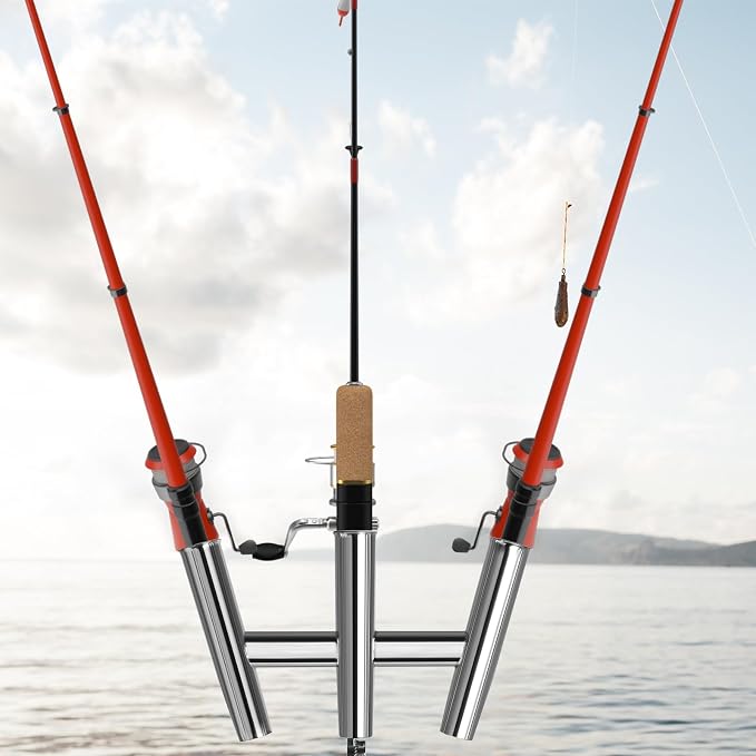 NovelBee 3 Tube Fishing Rod Holders,Polished Stainless Steel Trident Outrigger Stylish Rod Holder,Adjustable Kite Fishing Mount 3-Rod Holder