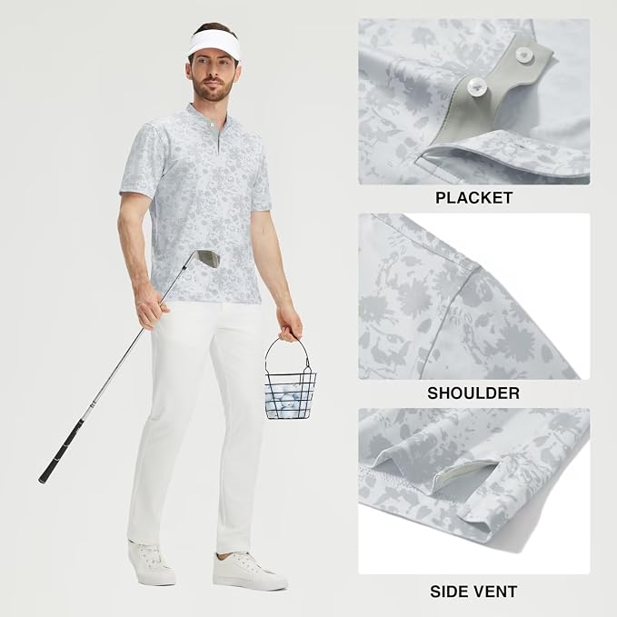M MAELREG Golf Shirts for Men Collarless Performance Dry Fit Stretch Henley Casual Printed Mens Polo Shirts Short Sleeve