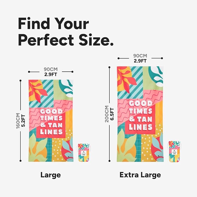 Dock & Bay Beach Towel - Quick Dry, Sand Free - Compact, Lightweight - 100% Recycled - Includes Bag - Good Times & Tan Lines - Large (160x90cm, 63x35)