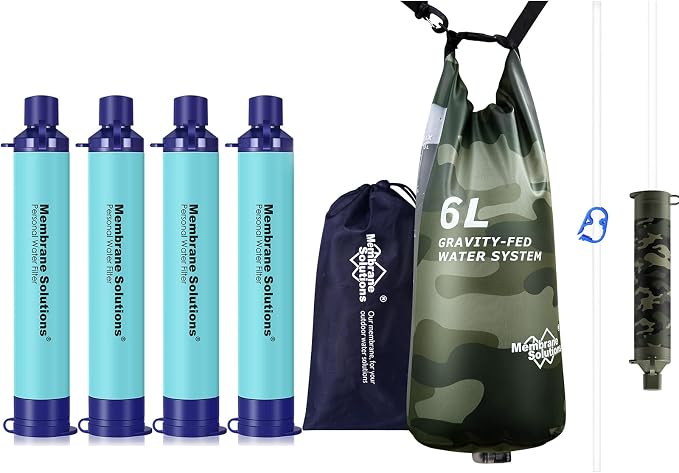 Membrane Solutions Pro 6L Camo Gravity Water Filter with 4 Extra S1 Blue Water Filter Straws, Survival Filtration Portable Gear, Emergency Preparedness, Supply for Drinking Hiking Camping Team Family