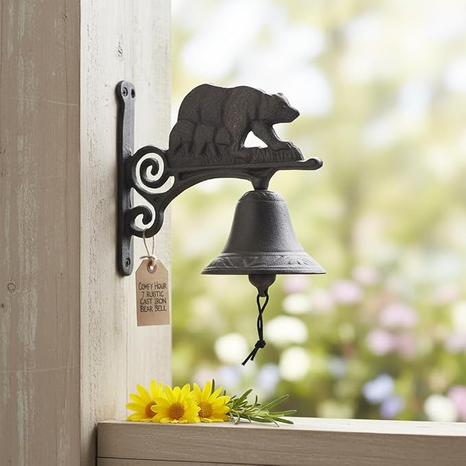 Comfy Hour 7.8" Heavy Duty Cast Iron Bear Dinner Bell, Loud Resonant Wall Mounted Outdoor Doorbell for Farmhouse, Garden & Cabin, Decorative Wildlife Metal Bell for Porch, Antique Black Finish