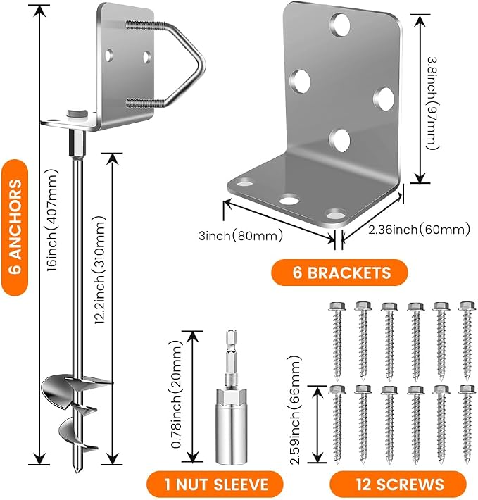Ground Anchors Shed Anchors 14" Set of 6 Trampoline Stakes Screw in Heavy Duty Mobile Home - Storage Shed Anchor Kit - Playset Swing Anchors - Stakes for Fence,Carport,Garden (Silver, 6 x 14in)
